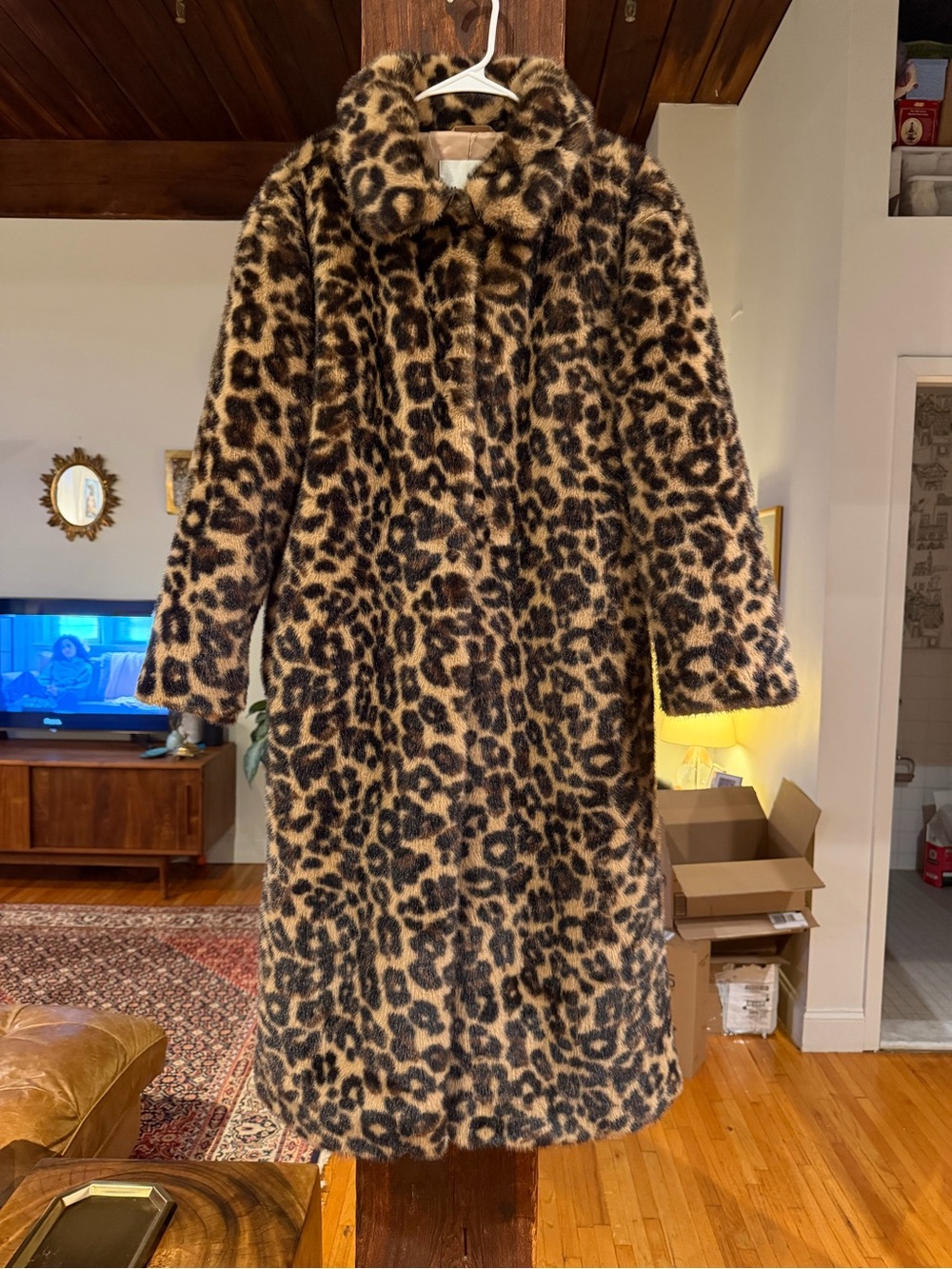 Abercrombie & Fitch full length Leopard Faux Fur Coat